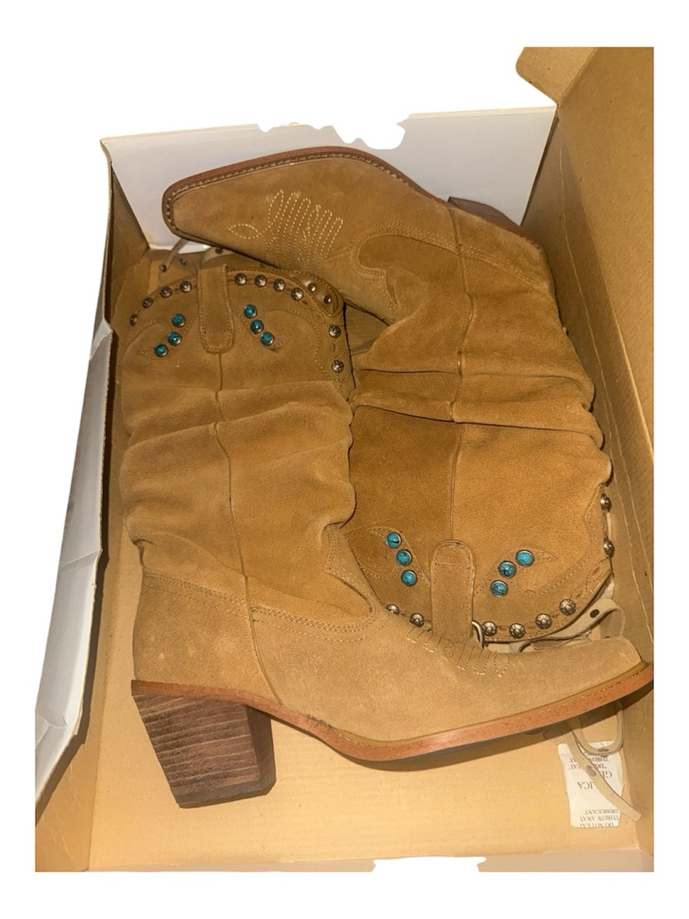 Steve Madden Tan Suede Western Studded Mid-Calf Boots with Turquoise Accents